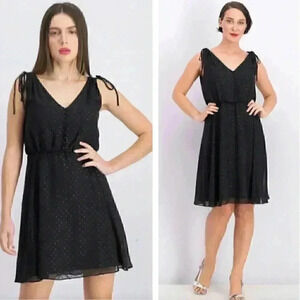 NEW Gal Meets Glam Elora Black Sparkle Dots Chiffon Midi Dress LBD Wedding Party